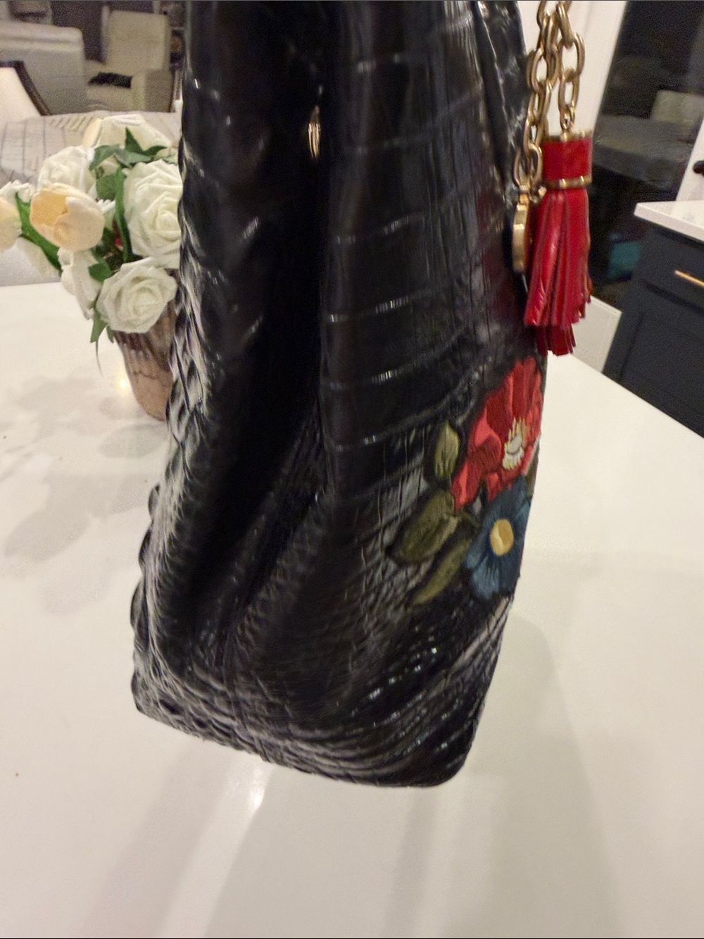 Brahmin Black Floral Embroidered Tote Bag with Red Tassel Charm - Picture 6 of 17